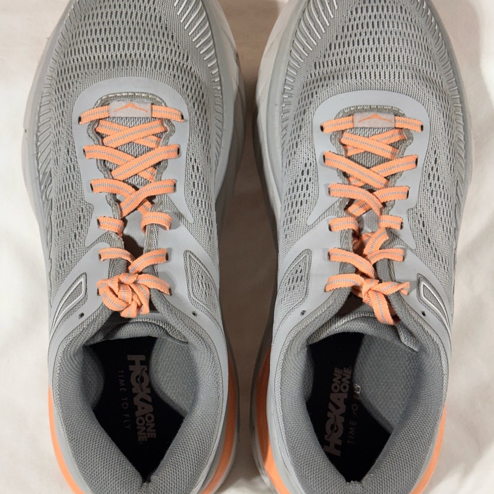 Hoka One One Bondi 7 Women's Gray and Peach Athletic Shoes - Picture 3 of 9